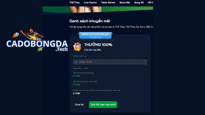 Thưởng 100% cho lần nạp đầu qua mọi hình thức